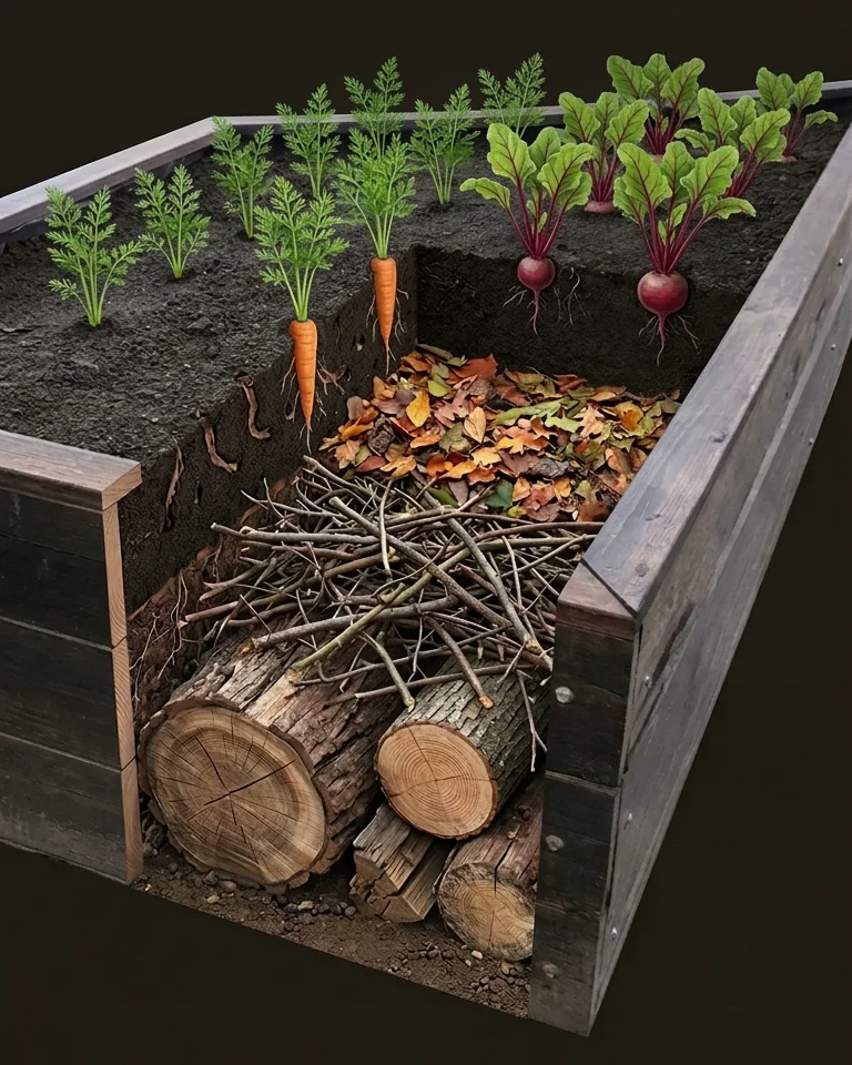 Ilustración de un bancal elevado con relleno hügelkultur visto en corte: troncos en el fondo, ramas encima, una capa de hojas secas y tierra arriba, con zanahorias y remolachas creciendo