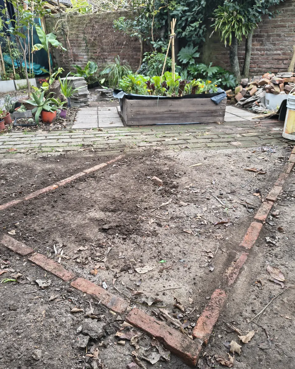 Al fondo, el primer cajón de cultivo con plantas; adelante, el contorno del segundo bancal elevado marcado con ladrillos sobre la tierra