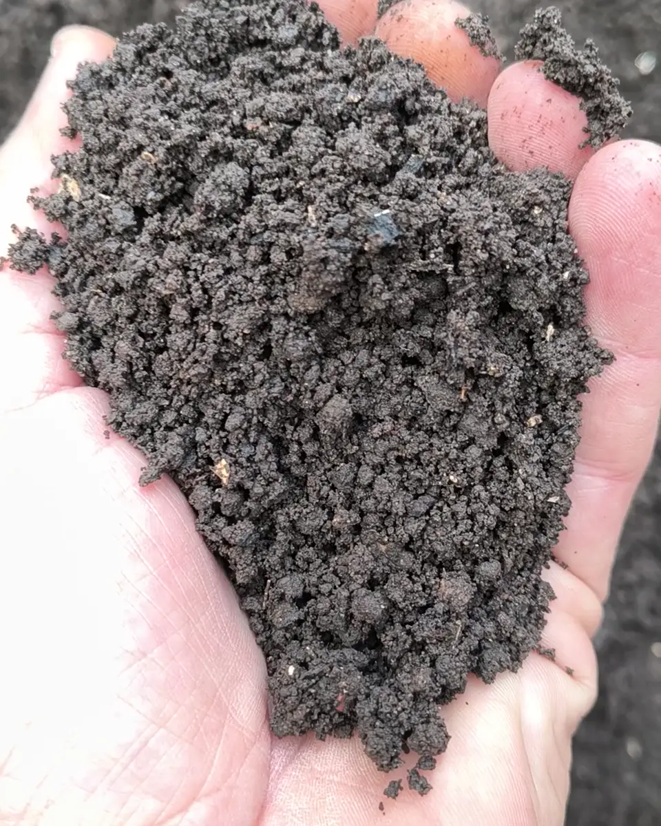 Una mano abierta sosteniendo un puñado de tierra oscura, suelta y granulada, sobre el bancal